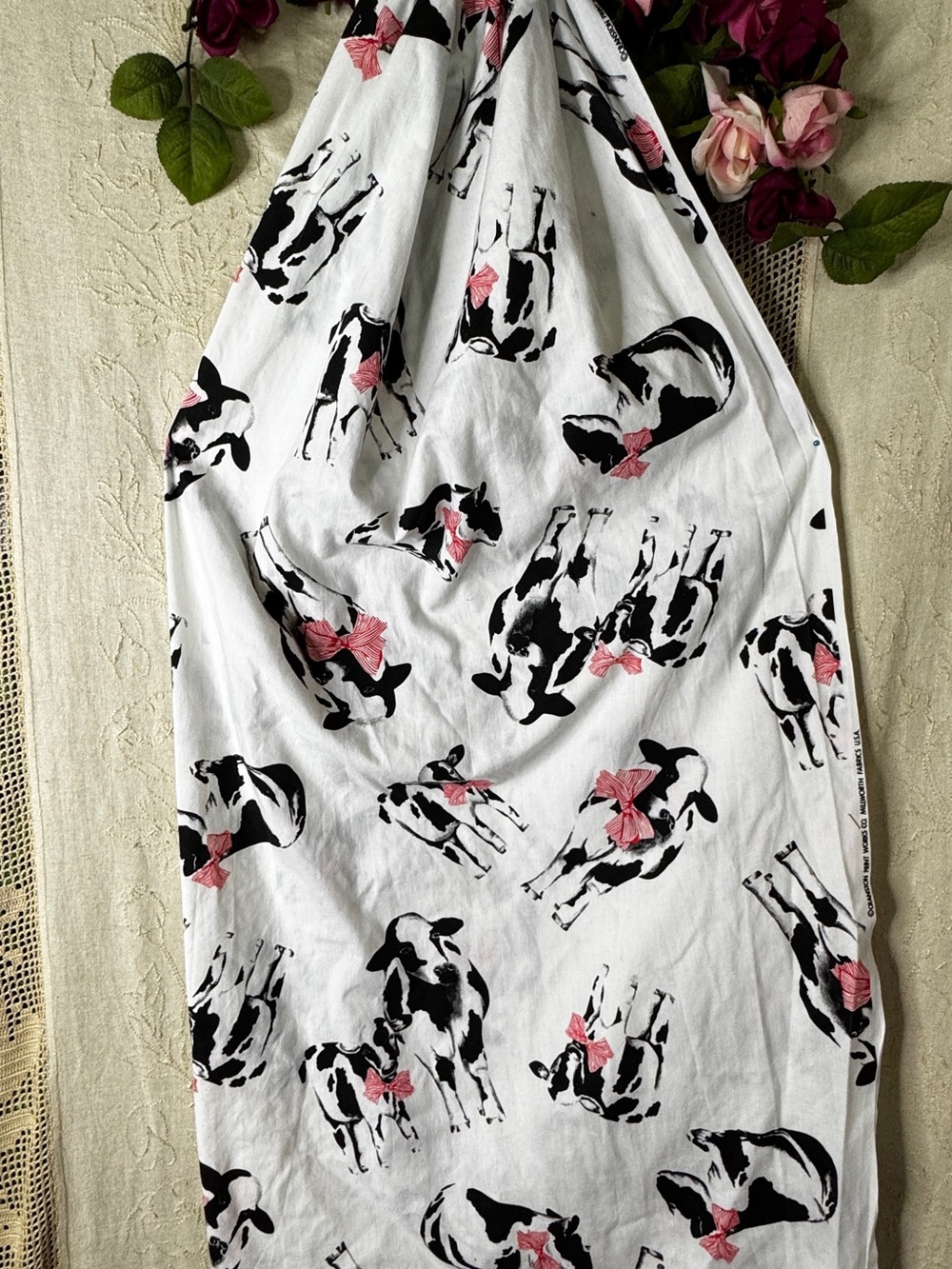 Holstein Cows & Bows Cranston Vtg Cotton Fabric Black & White Pre-Washed 1.5 Yds